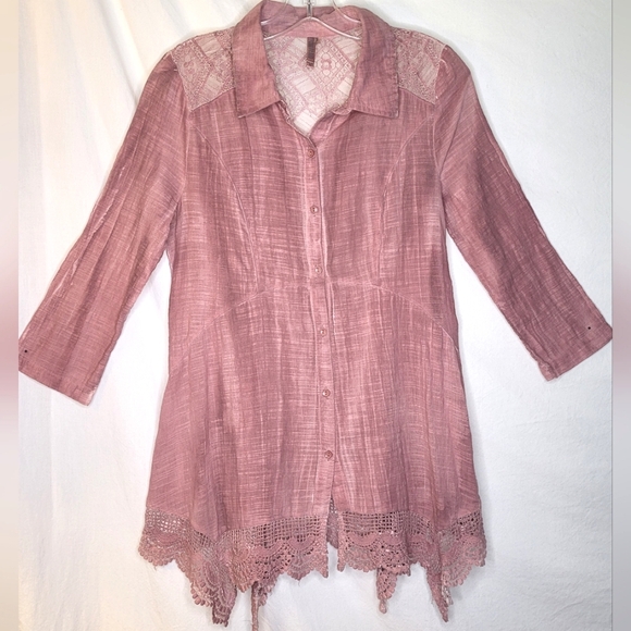 Monoreno Dusty Pink Blouse Top Medium Lace Trim Detail Beautiful LOOK 😍 - Picture 1 of 5
